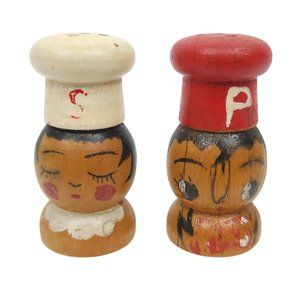 Vintage Salt Pepper Shakers Chefs Cooks Wood Mid Century Modern MCM Brown Red